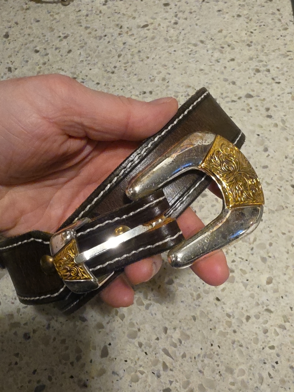 Men's Brown Leather Western Belt with Gold & Silver Engraved Buckle